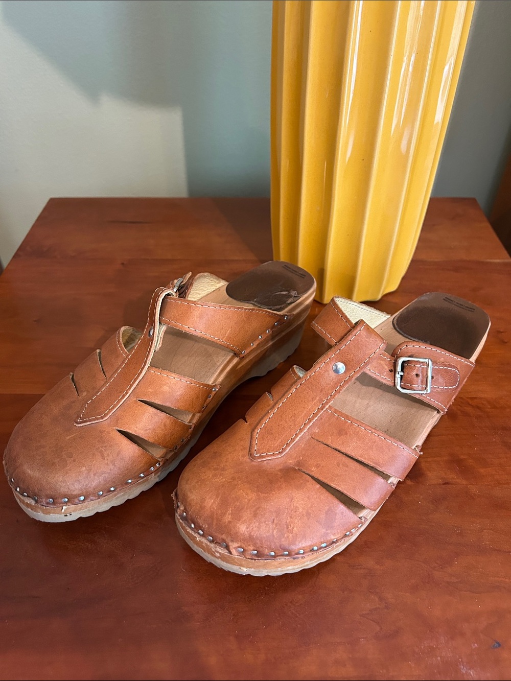 Troentorp clogs from SwedenWomen's Tan Leather Slip-On Clog Mules with Buckle